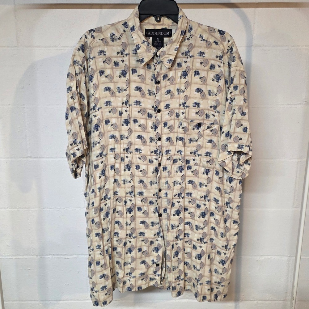 Vintage Addendum Mens XL Short Sleeve Shirt Rayon Geometric Abstract Tan Blue